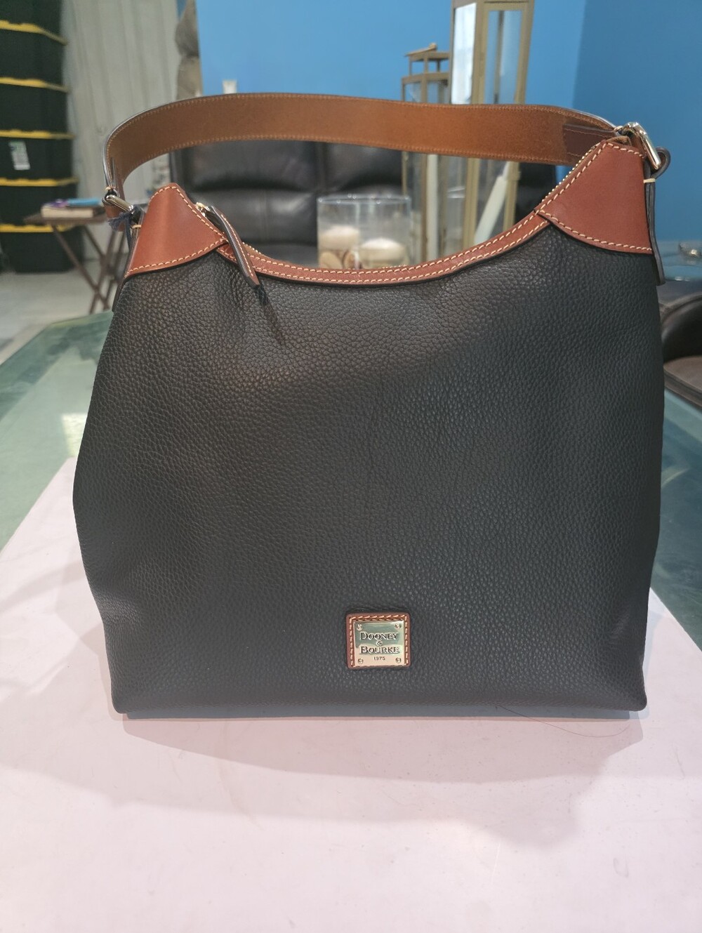 New Dooney & Bourke Black Leather Hobo with Brown Trim